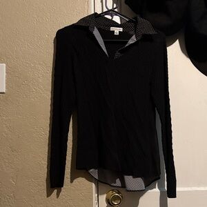Black Layered-Look Long Sleeve Top with Polka Dot Collar